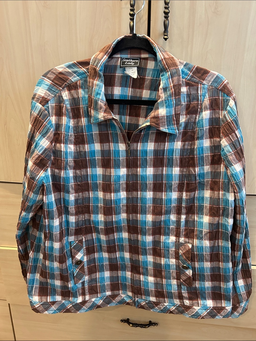 Southern Lady Brown & Blue Plaid Lightweight Zip Jacket. Size 18
